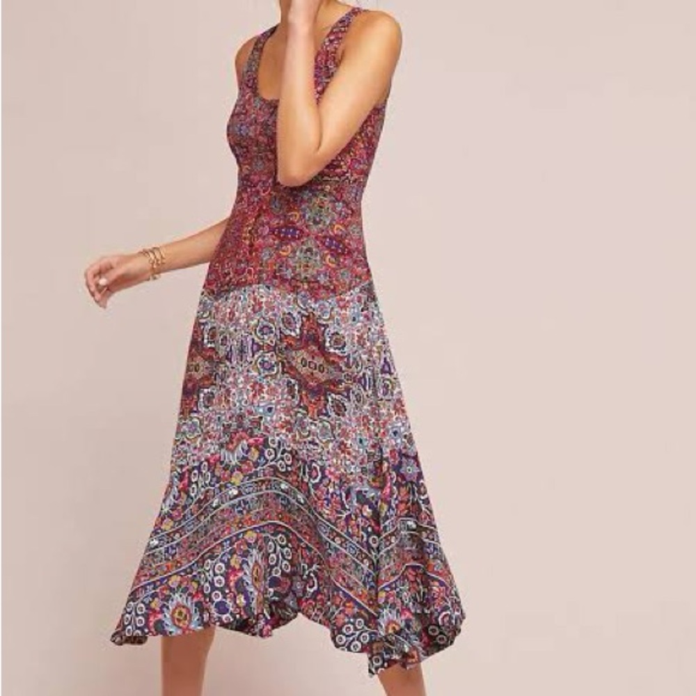 Maeve Anthropologie Violette Boho Floral Asymmetrical Midi Dress Size 6